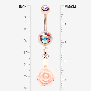 Detail View 1 of Rose Gold Sweet Pink Rose Blossom Belly Button Ring-Aurora Borealis